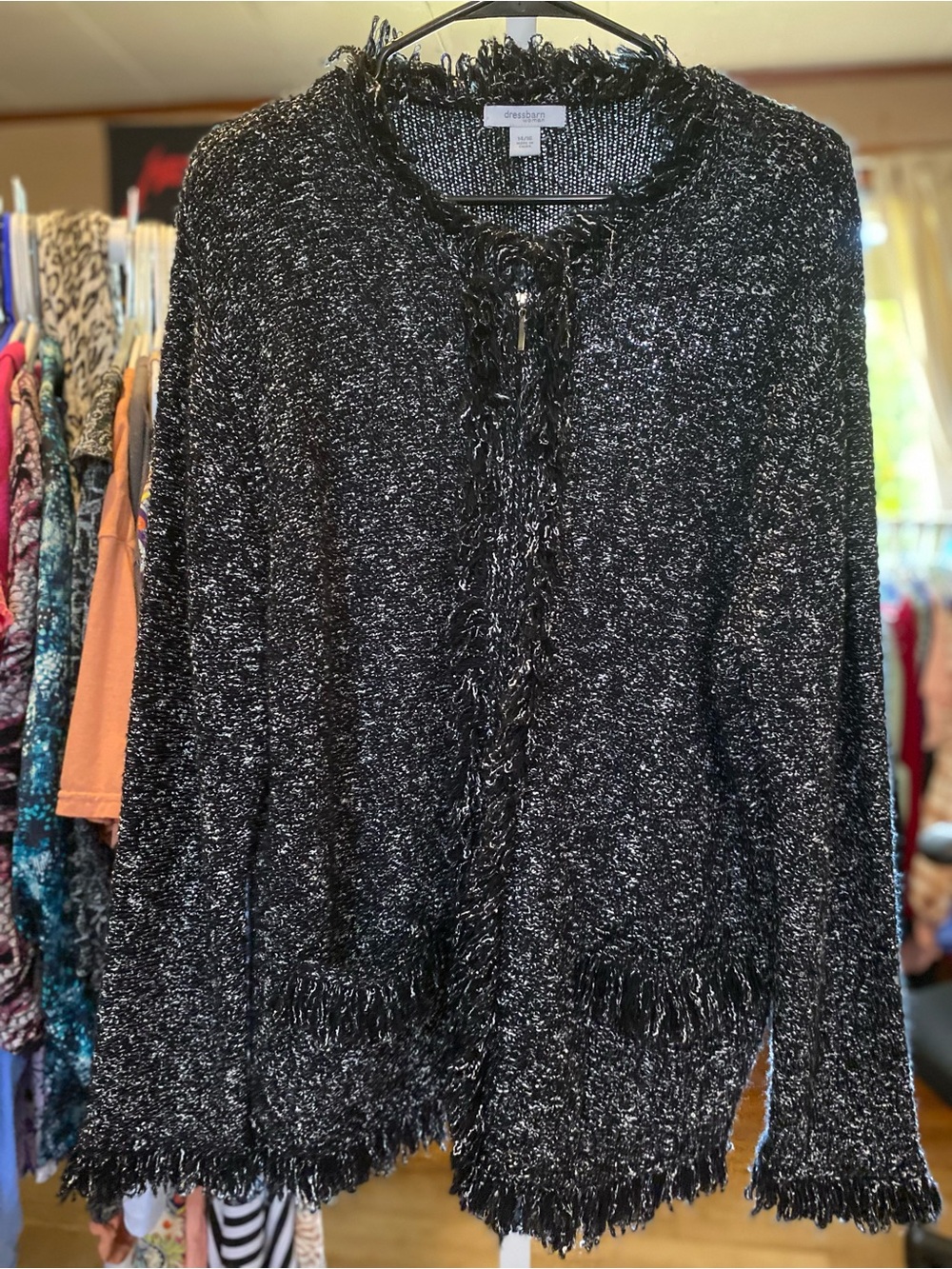 dressbarn Black Metallic Fringe Open-Front Cardigan Sweater Zip-Up - Picture 4 of 4